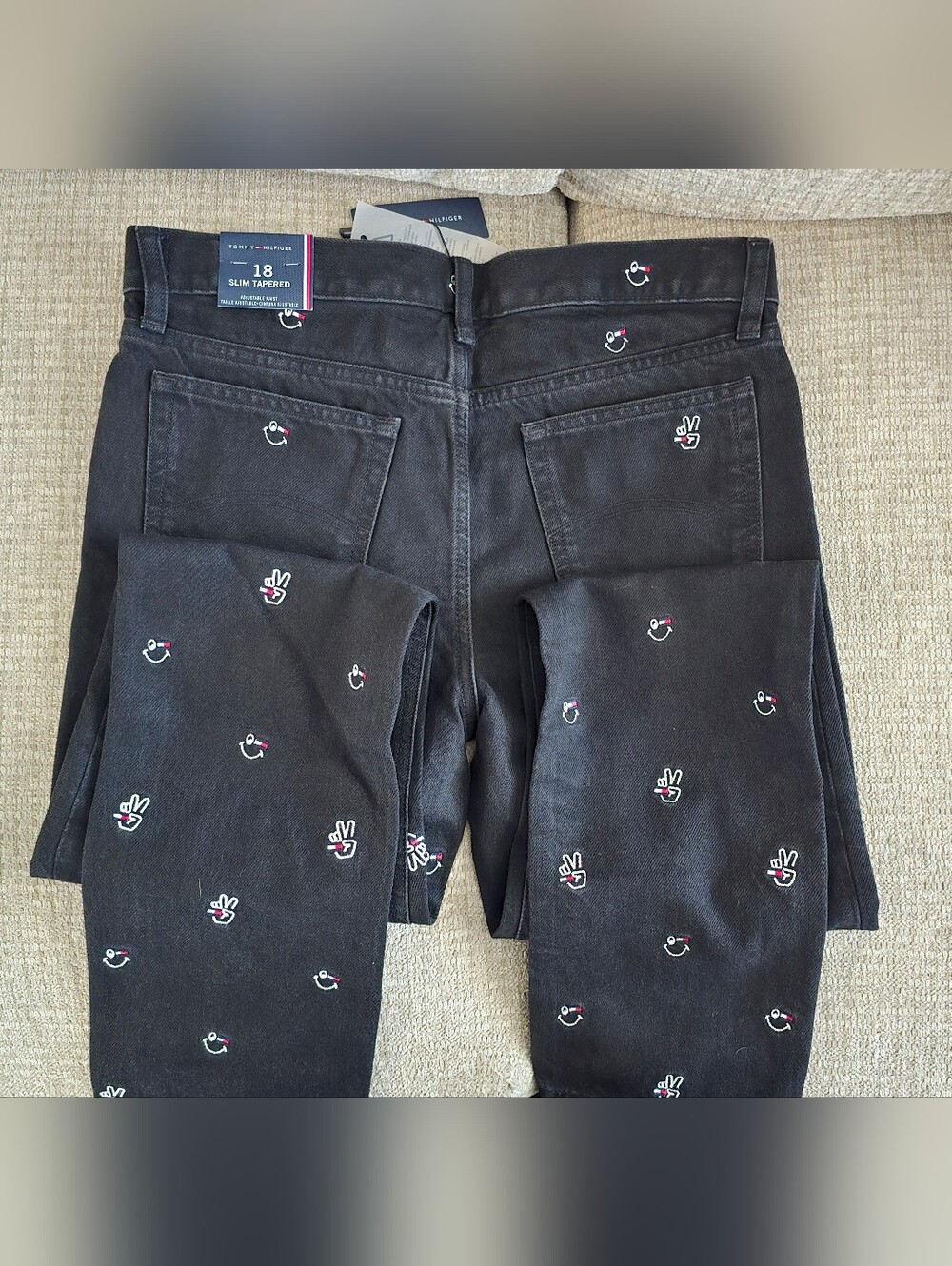 New Tommy Hilfiger Boy Black Slim Tapered Jeans with Embroidered Icons